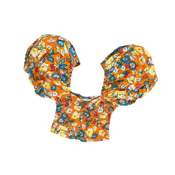 Zara Orange Floral  Print Puff Sleeve Flounce Crop Top Size Small - Picture 4 of 7